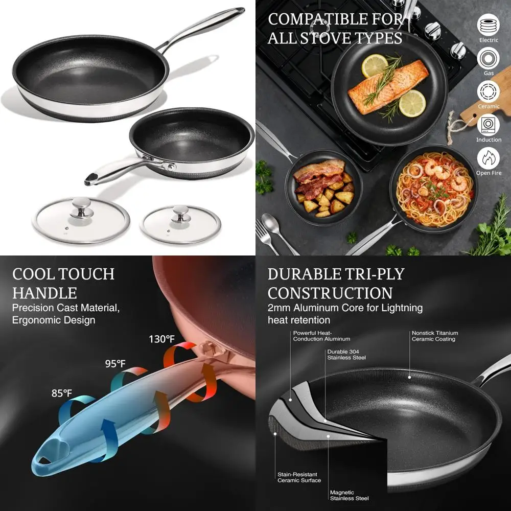 

Titanium Ceramic Nonstick Frying Pans Set - 2 Piece with Lids, 10 and 12 Inch, Skillet Stainless Steel, PFTE-Free, Nonstick Cook