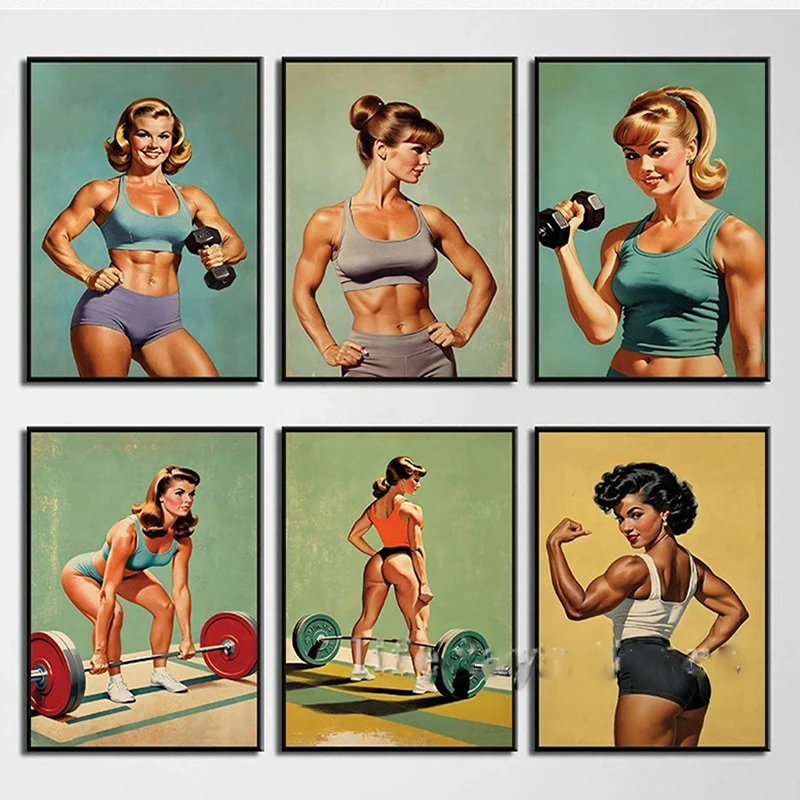 Póster e lienzo impreso, pintura para culturismo, levantamiento de pesas, imagen artística de pared para decoración de habitación de gimnasio, ejercicio Retro para chica, Fitness
