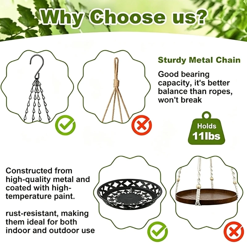 Hanging Plant Basket with 3-Chain Hook Design, Round Black Holder for Balcony Window Indoor Flower Pot Display 37JD