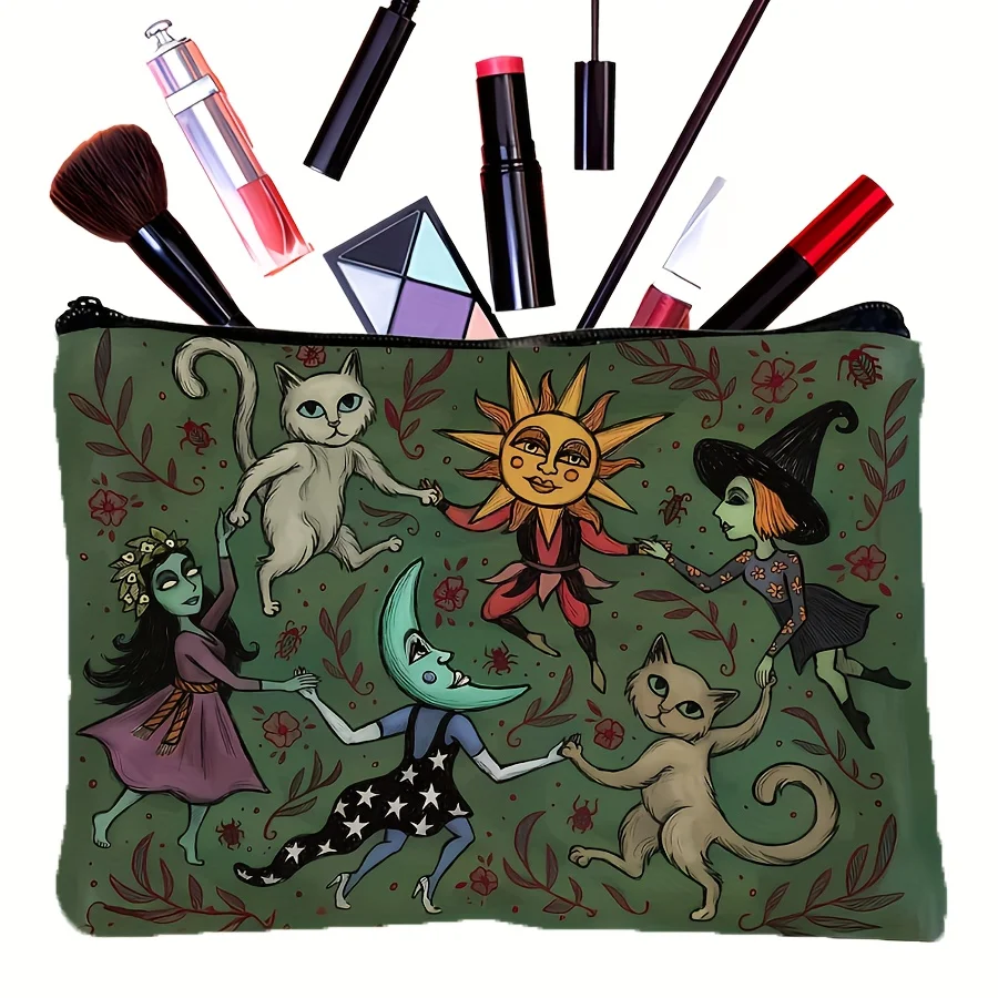 Enchanting Forest Makeup Bag - Witch, Cats, Moon, Stars & Floral Fantasy Purse - Dark Green Cosmetic Organizer