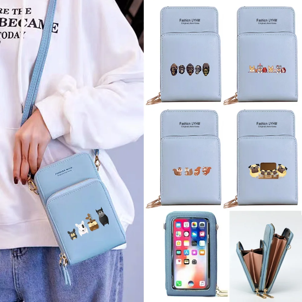 Fashion Women Wallets Card Pack Touch Screen Mobile Phone Bag Cartoon Print Zipper Storage Purse Female Crossbody Bags Handbags