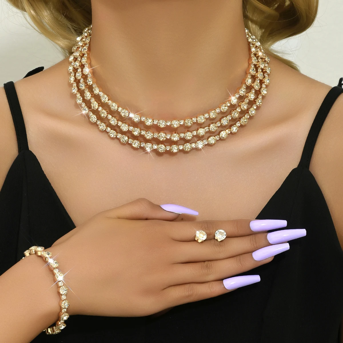 Ladies\' set of Rhinestone light luxury, minimalist and high-end necklaces, earrings, bracelets, wedding party accessories