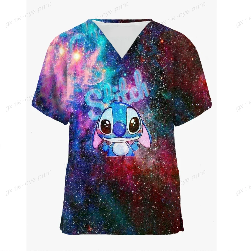 Kawaii Women's Nurse Uniform Lilo&Stitch Matte Top Printed Clinic Nursing Staff Protective Care Uniform Shirt