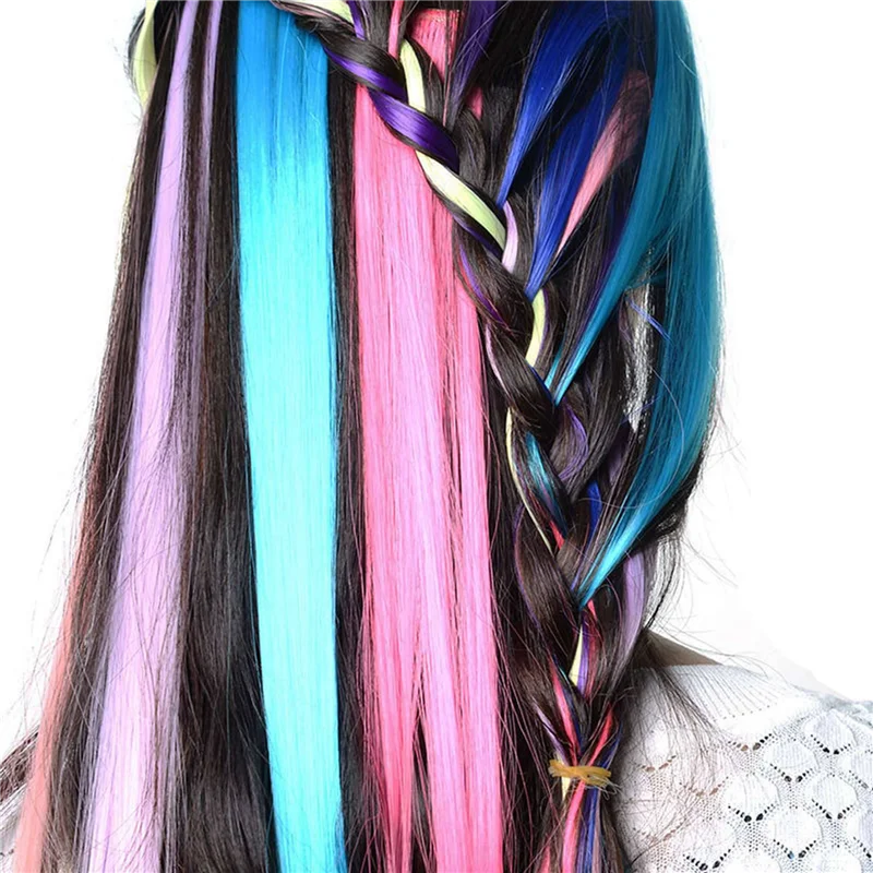 

ABIT 65 Pcs Colored Party Highlights Colorful Clip In Hair Extensions 55Cm Straight Synthetic Hairpieces, Rainbow