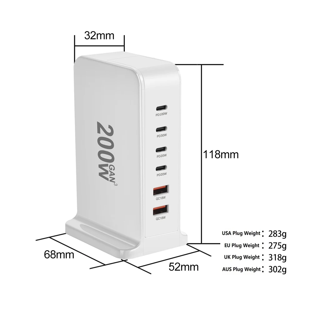 Caricatore PD rapido GaN da tavolo da 200 W 168 W 6 porte USB Tipo C USA UE AUS Adattatore spina UK Supporto per dock di ricarica per PC portatile