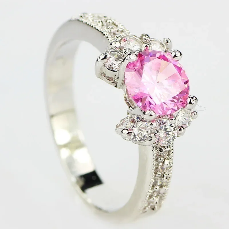 Romantic Lovely Pink Natural Birthstone in Bridal Princess Promise Wedding 925 Sterling Silver Ring for Women Girls Jewelry