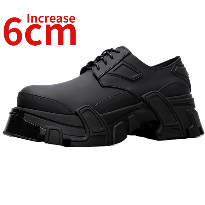 

Genuine Leather Hand Sewn Blade Derby Shoes Men Thick Sole Height Increased 6cm Elevator Shoes Black Warrior Mecha Leather Shoes