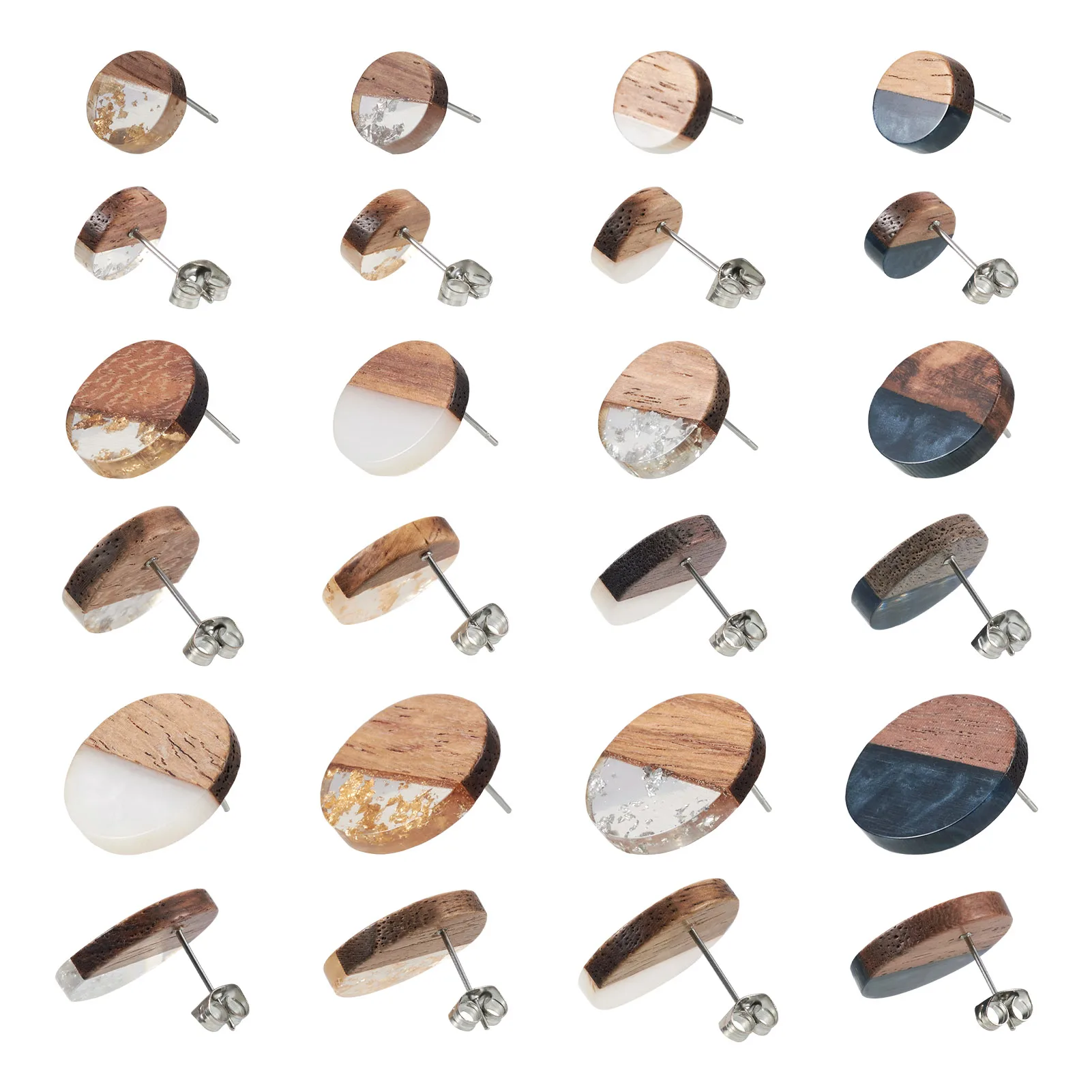 24Pcs 3 Sizes Flat Round Natural Walnut Wood Resin Stud Earrings For Women Ear Post Jewelry Accessories