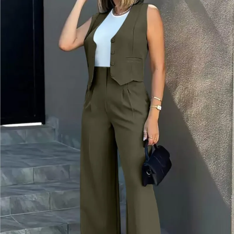 Women\'s Casual Waistcoat Wide Leg Pants Suit Elegant Sleeveless Vest Trousers 2 Pieces Set Solid Color Commuter Lady Pants Set