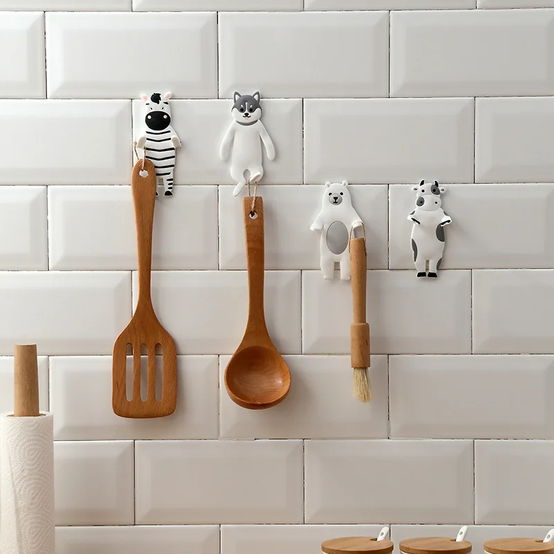 1Pc Creative Animal Shaped Wall Mounted Hooks Self-adhesive Kitchen Storage Holder Bags Key Hooks Foldable PVC Hook Home Decor