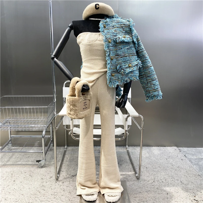 

New 2021 For Pure Style Open Shoulder Thread Irregular Split Strapless Top+ High Waist Slim Speaker Pants Two-piece Set