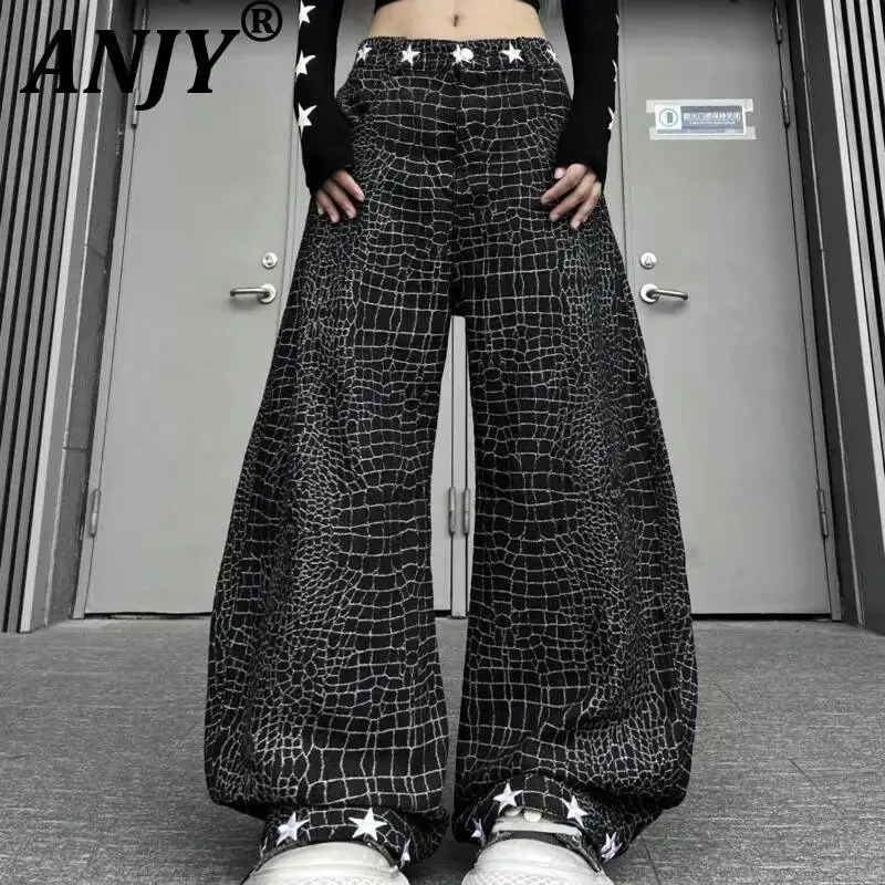 

ANJY Spring Autumn New Women American Style Cracked Print Embroidery Hip-Hop Jeans Trendy Ins Casual Wide Leg Denim Pants A22472