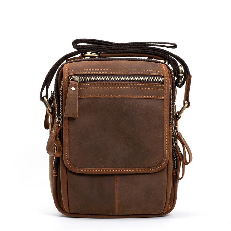 Retro Shoulder Bags for Men Vintage Genuine Leather Crossbody Bag Brown Crazy Horse Leather Square Messager Handbag Purse