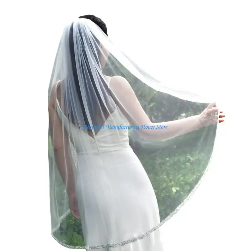 

E56A Shimmering Sequined Trim Short Wedding Veil Tulle Headpiece For Bride Wedding Gowns with Comfortable Hair Comb