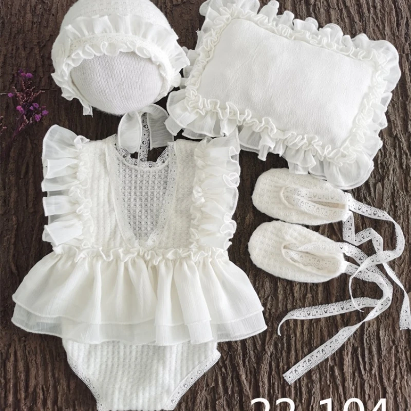 Baby Fotografie Kleding Schattige Prinses Stijl Kanten Hoed + Poseren Kussen + Romper + Schoenen Sets Pasgeboren Fotoshoot Accessoires