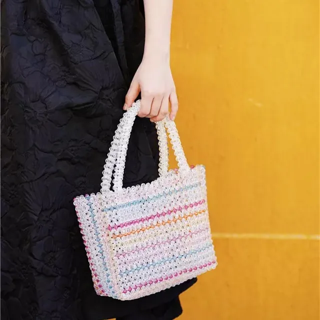 Spring and Summer Multicolor Beaded Clear Bags for Women Rainbow Color Large Capacity Purses Handbags Acrylic Beaded Handmade