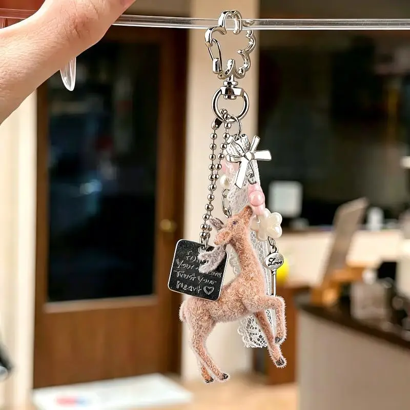 1pcs  Cute Flocked Deer Keychain With Pearl Beads And Inspirational Tag Perfect For Backpack Purse Decoration And Gifting