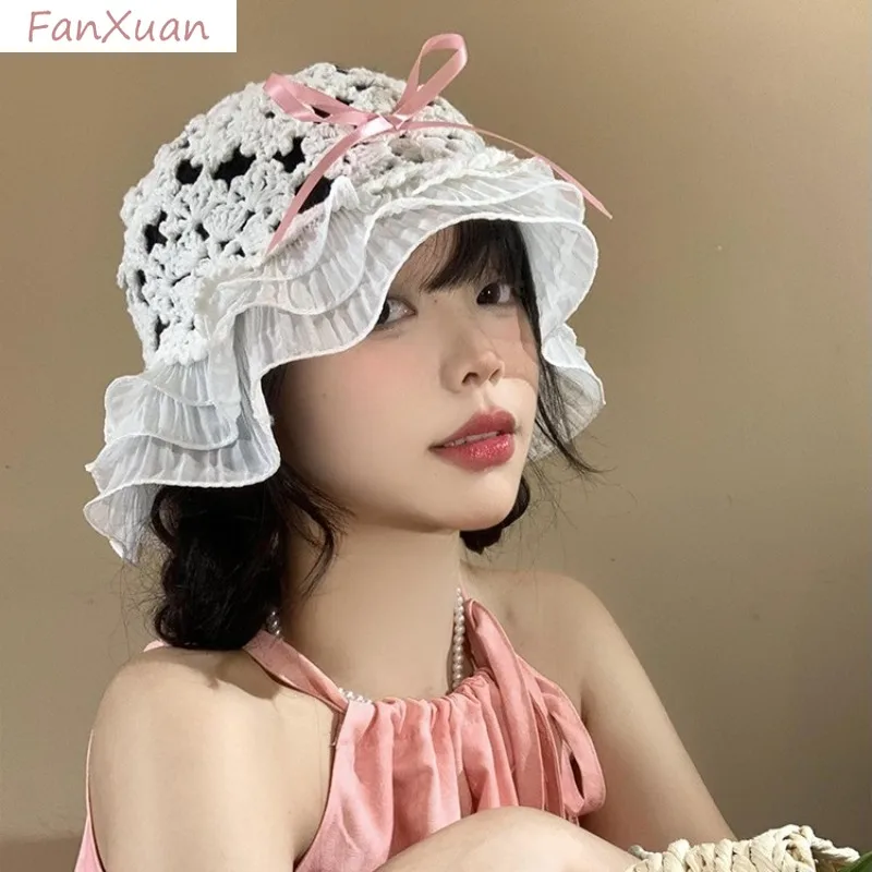 

Women's hats sweet Knitted Lace bowknot beanies Hat Hollow out Large Head Size crocheted Cap