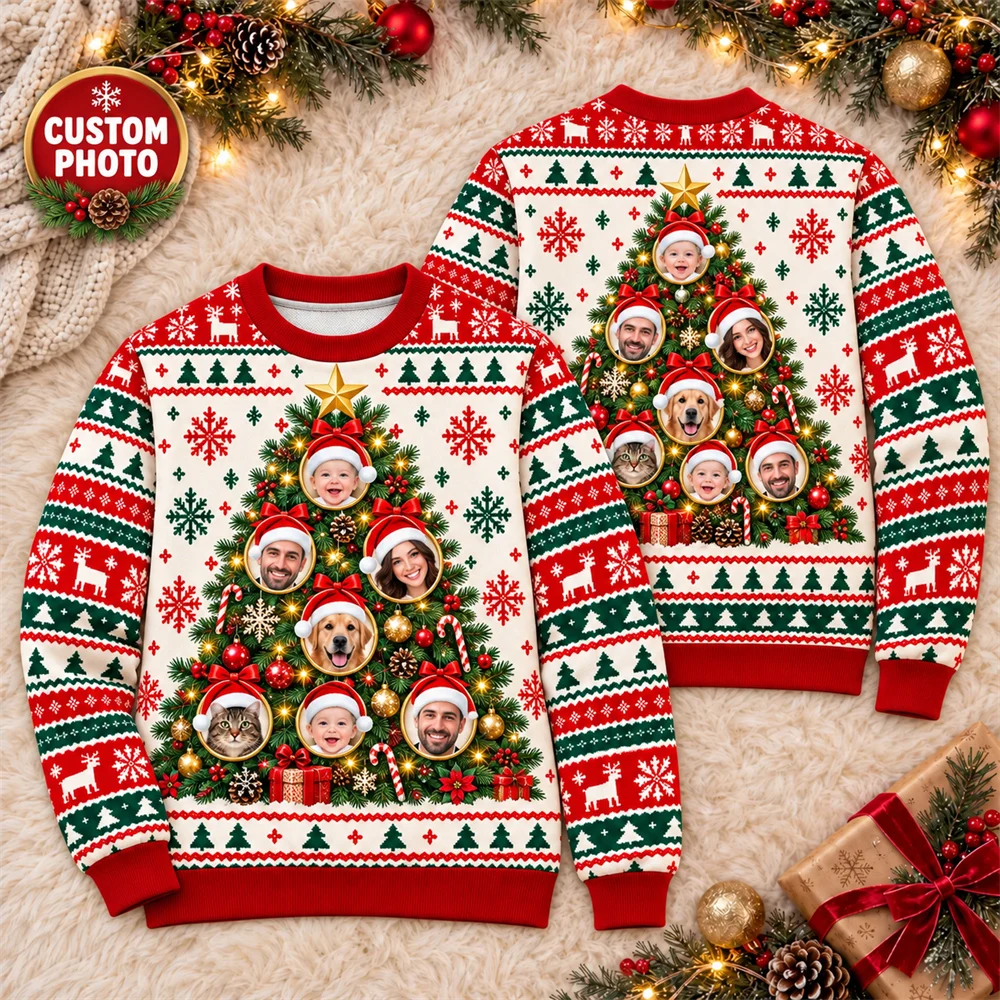 Christmas Tree Ugly Sweater Custom Family Photo Men Women 3D Print Crewneck Sweatshirt Fun Pet Face Holiday personalized Outfit