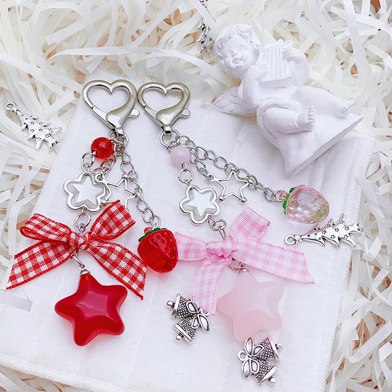 Strawberry Bow Beaded Phone Lanyard Fashion Sweet Keychain Pendant Camera Strap Backpack Hanging Decoration Gift for Women Girls