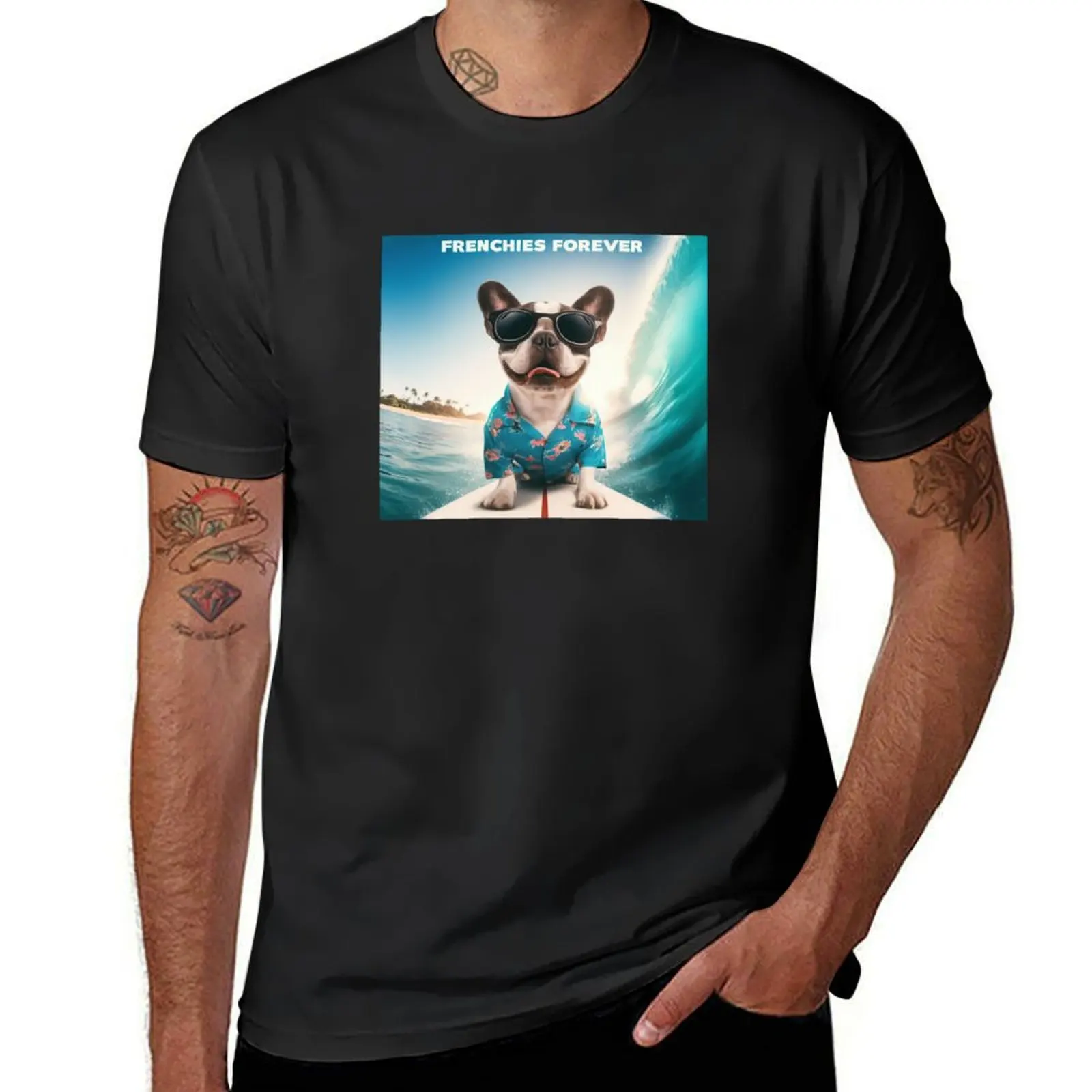 White French bull dog wearing tropical shirt over surfing board T-Shirt tees tops plain white t shirts men