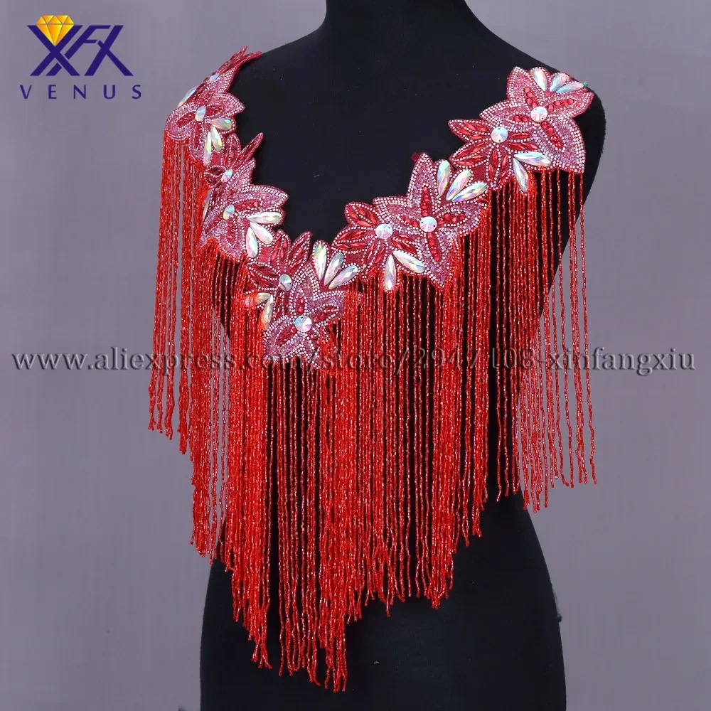 Imagem -02 - Xfx-bordado Rhinestone Borlas Estilo V-neck Patches Red Frisada Applique Roupas de Casamento Venda Quente 1pc