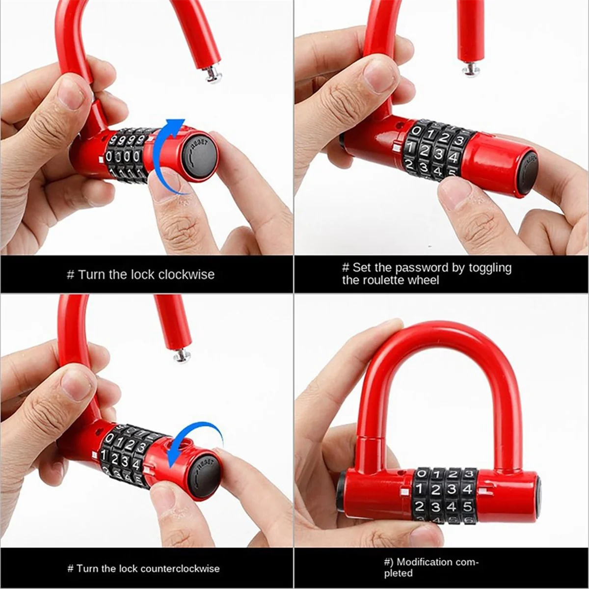 N18R Convenient 4 Digit Code Bicycle Security Lock U Shape Anti Theft Motorcycle Ring Lock Password Lock for Outdoor Riding