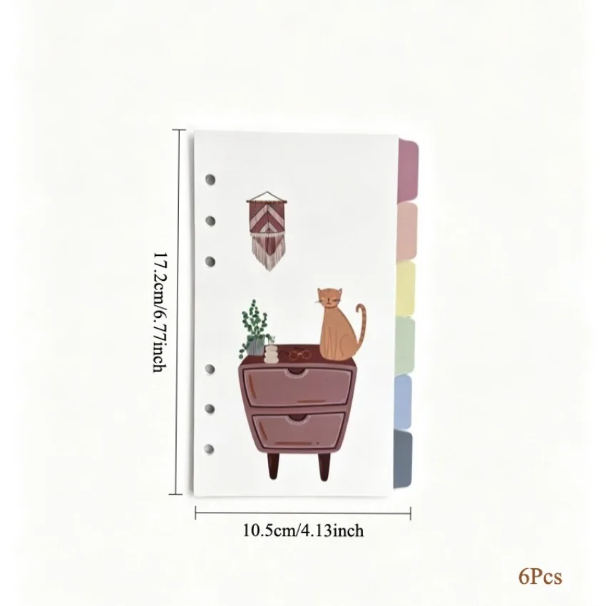 6 Hole A6 Binder Accessories Cat Illustration Divider Pages Color Side Index Tabs Journal Classification Note Material Organizer