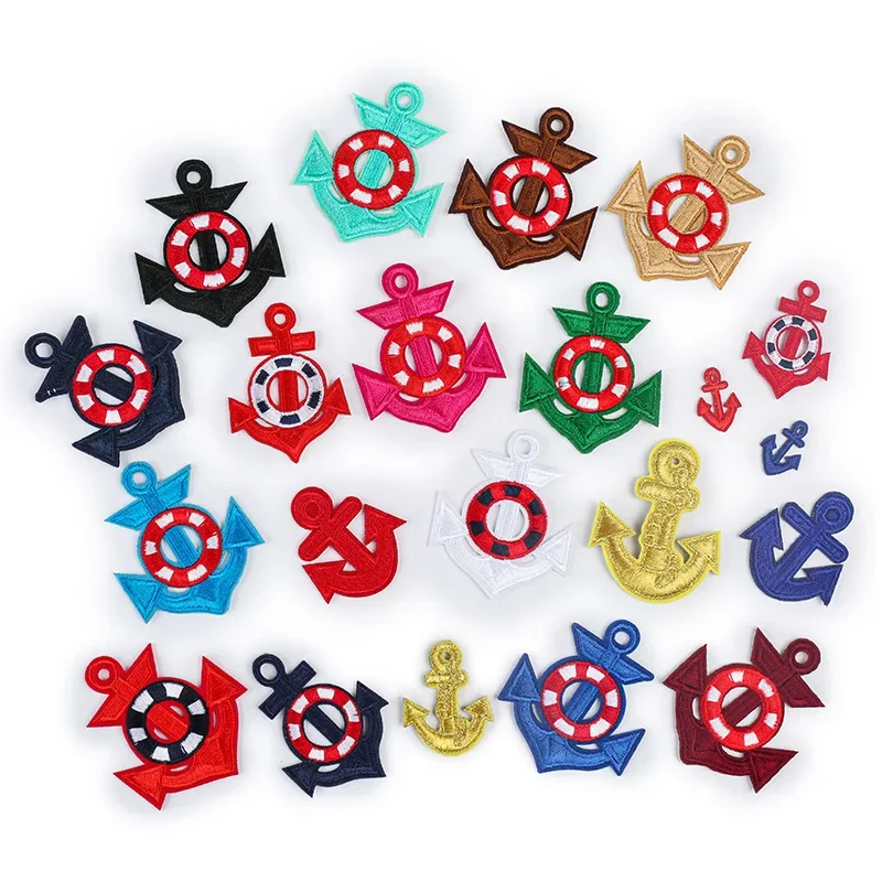 Golden Ship Anchor Embroidery Patch Cartoon Colored Life Buoy Logo Iron on Small Badge Sailor Uniforms Hats Decorative Appliques