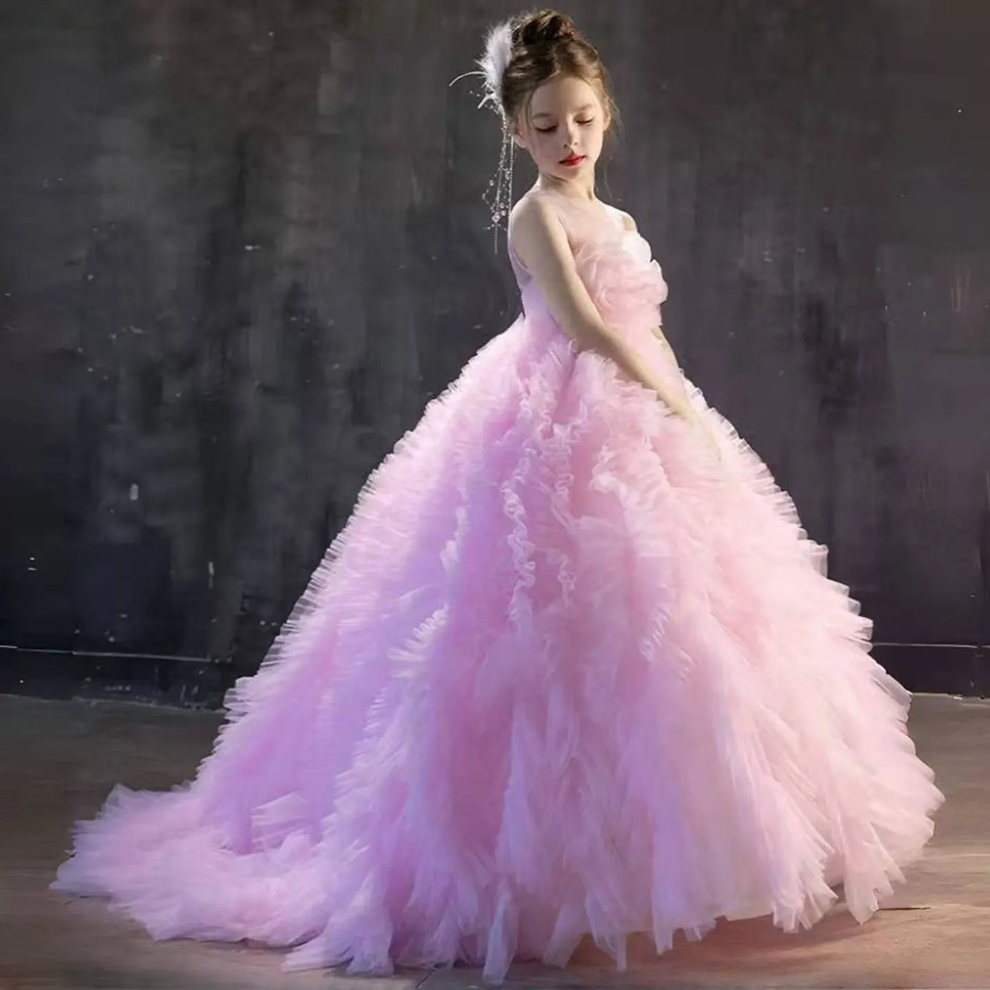 Jill Wish Luxury Pink Girl Dress Handmade Flowers Kids Princess Birthday Wedding Party Children Holy Communion Gown 2025 J039