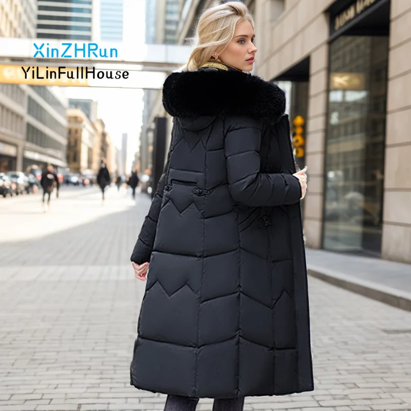 Winter women's fashionable stand up collar buckle decoration embroidered hooded coat waist over knee thick fur collar long coats