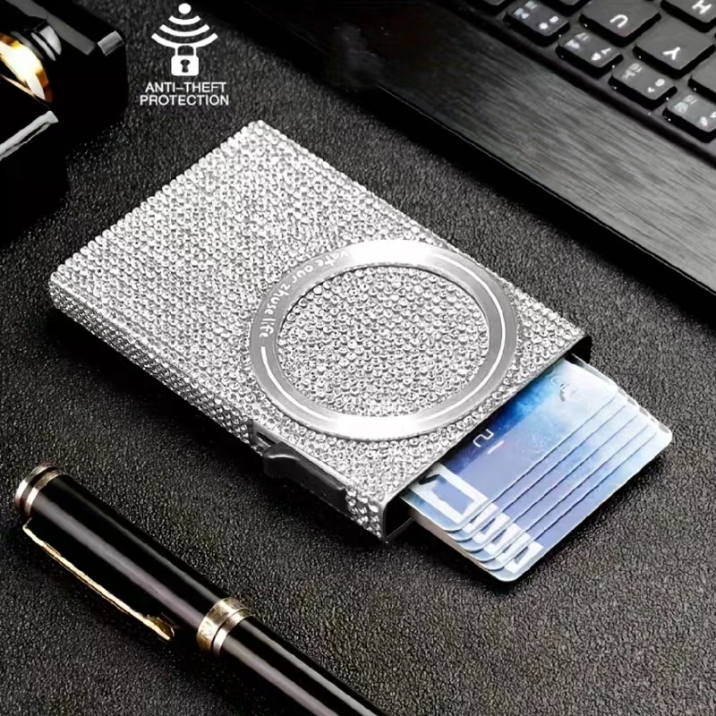 Women\'s Minimalist Aluminum Alloy Wallet, Magnetic Automatic Side-thrust Pop Up Card Holder With Anti-theft Brush Blocking