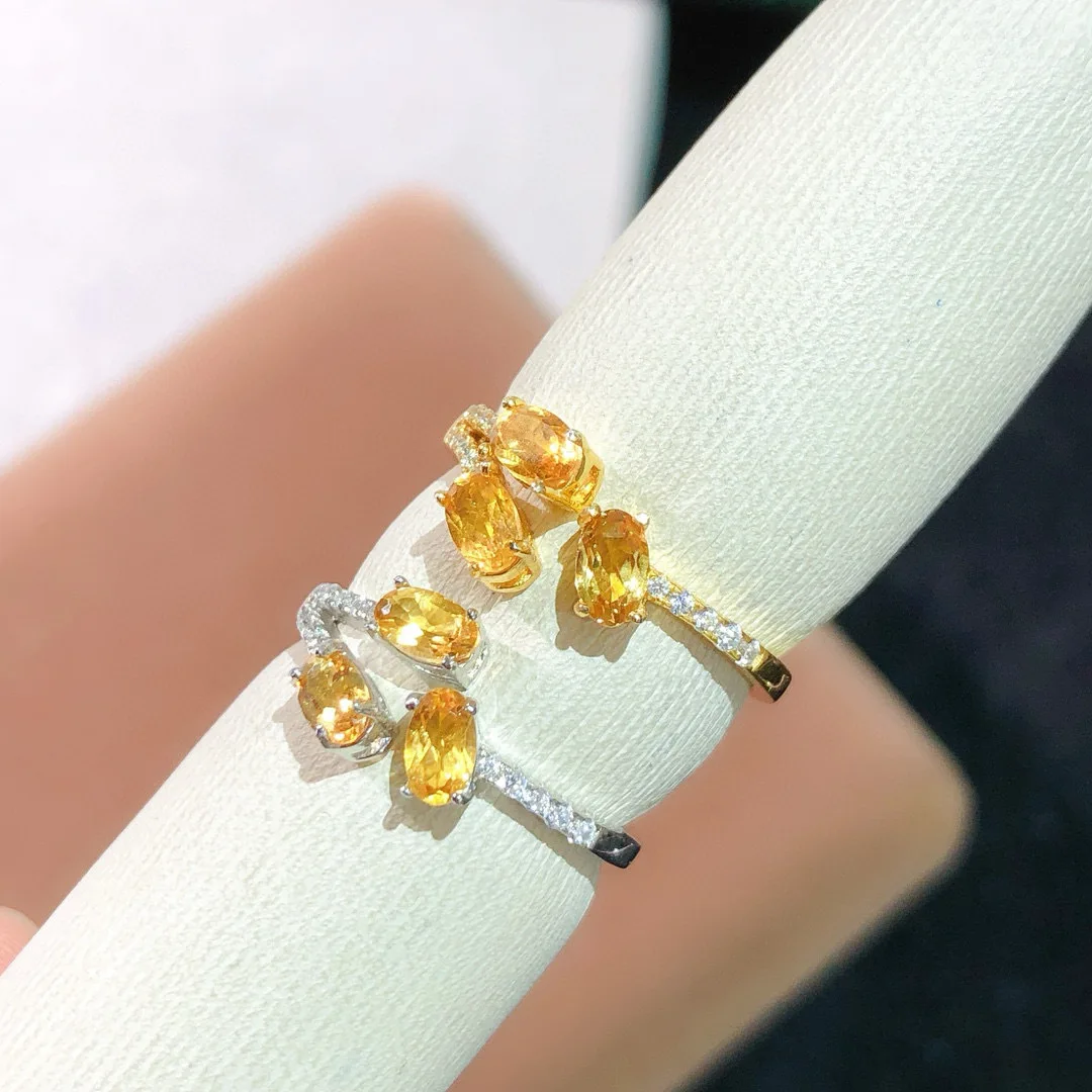

S925 Inlaid Natural Citrine Ring 3x5mm Wealth Stone Adjustable Size Healing Jewelry Confidence Gift for Business Women/Men Needs