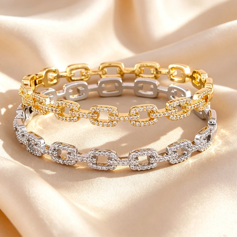 Yupsk Shining Micro Pave Zirconia Hollow Rectangular Chain Bracelet for Women Copper Exquisite Wedding Party Jewelry