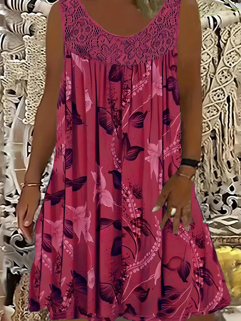 Plus size women's sleeveless round neck A-line dress with contrasting lace border floral print - knee length machine washable, c