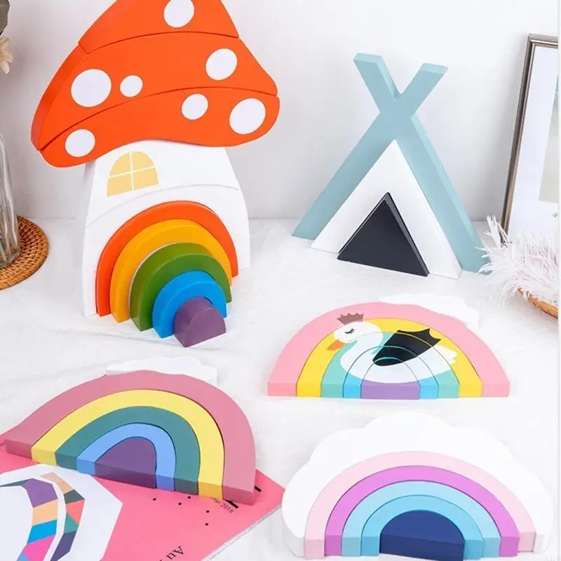 Houten regenboog-/paddenstoelblokken voor kinderen 3-5 jongens Stacing-speelgoed Training Toy A2UB