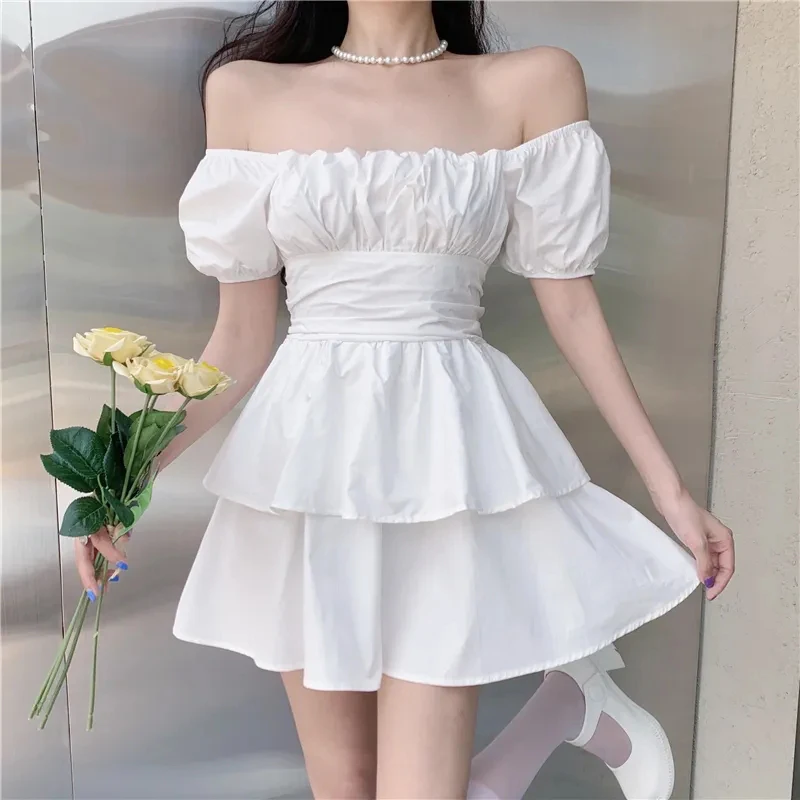 GIDYQ Sweet Bow Hollow Out Mini Dress Women Korean Fashion Square Collar Off Shoulder Slim Dress Sexy Backless Slim Chic Dresses