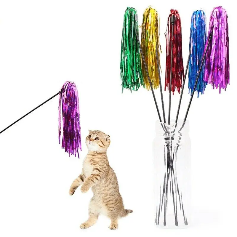 5Pcs Colorful Ribbon Cat Toy Wand Funny Kitten Rod Teaser Plastic Stick for Pet Cats Interactive Toys