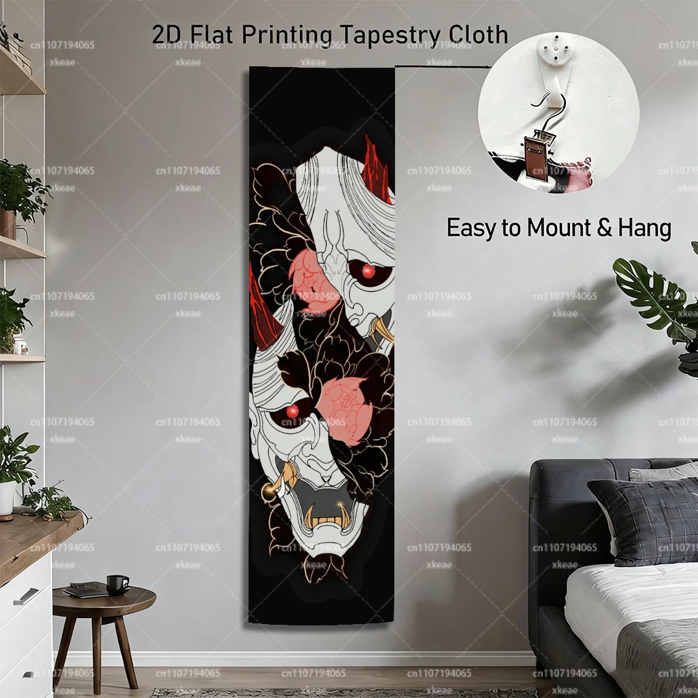 Japanese Hannya Mask Tapestry, Black Red Oni Demon Wall Hanging, Japan Yokai Art Decor for Bedroom Dorm