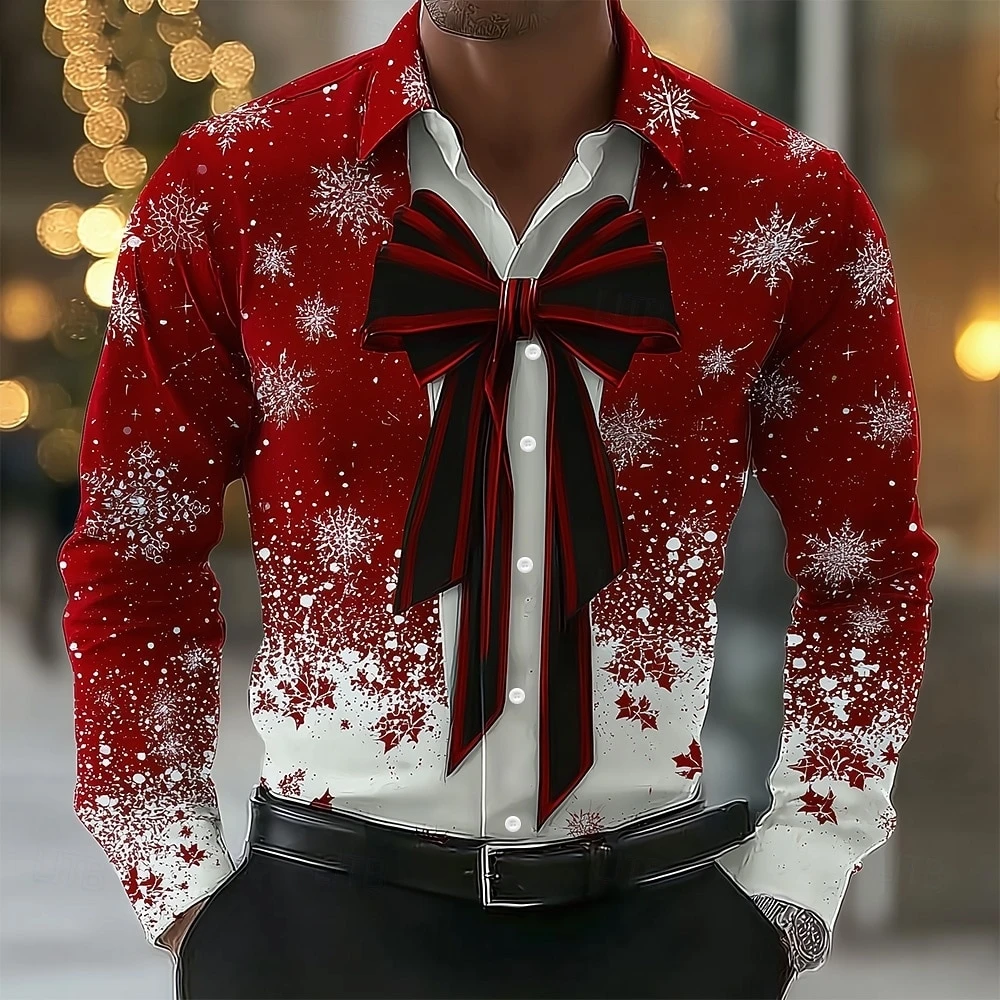 

Christmas Snowflake Pattern Men's Shirt Funny 3D Print Tie Design Lapel Tops Elegant Tuxedo Style X'mas Party Long-sleeved shirt