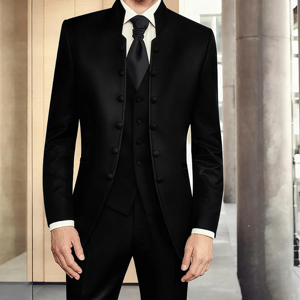 

Mens Tunic Suits Stand Collar Double Breasted Blazer Jacket Vest Pants 3 Piece Wedding Groom Tuxedo Italian Style Floral Costume