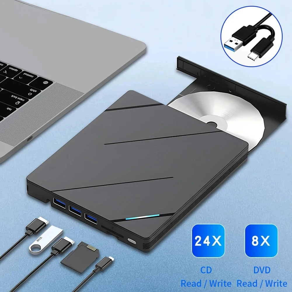 

2026NEW 7-in-1 External Mobile Optical Drive Box USB 3.0 Type-C Interface Multifunctional SD TD Card Reader CD DVD Burner Player