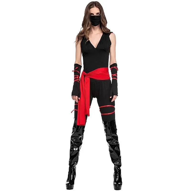 Disfraz de Ninja mortal para mujer, Top negro, máscara de pantalón, guantes, vestido de fantasía para Halloween, Sexy