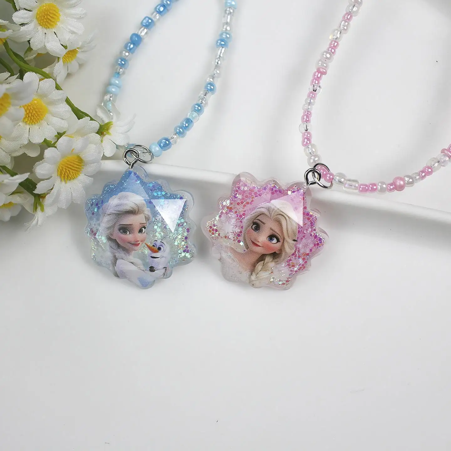 Collar de cuentas transparentes de la Princesa Elsa de Disney, Joyería infantil de dibujos animados de Anna, Accesorios de moda para uso diario al por mayor