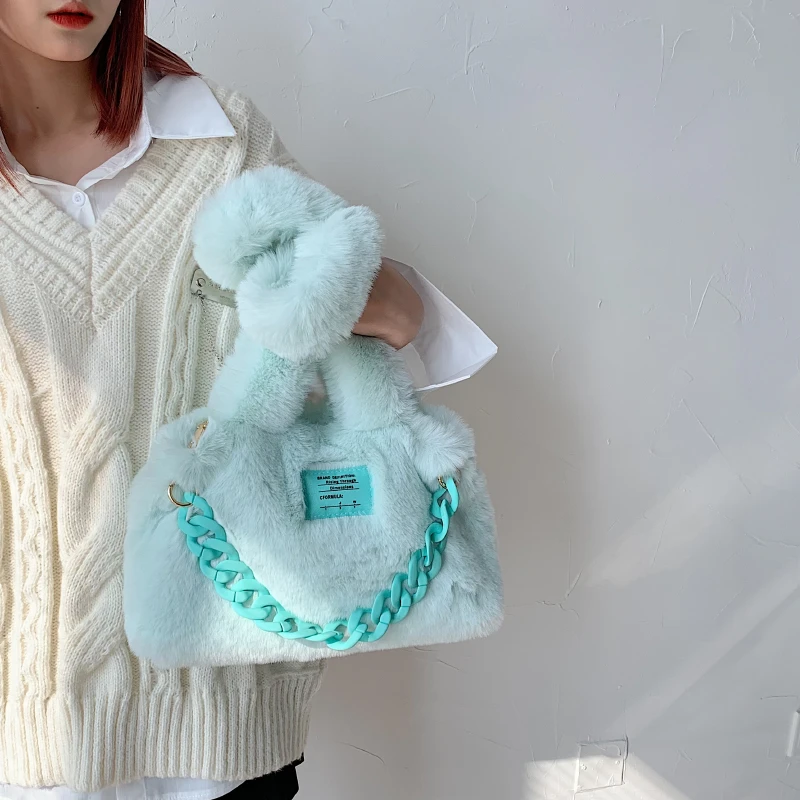 Candy Color Plush Tote Bags For Women Winter Chain Fluffy Messenger Bag Furry Luxury Designer Handbag Y2K Faux Fur Shoulder Bag