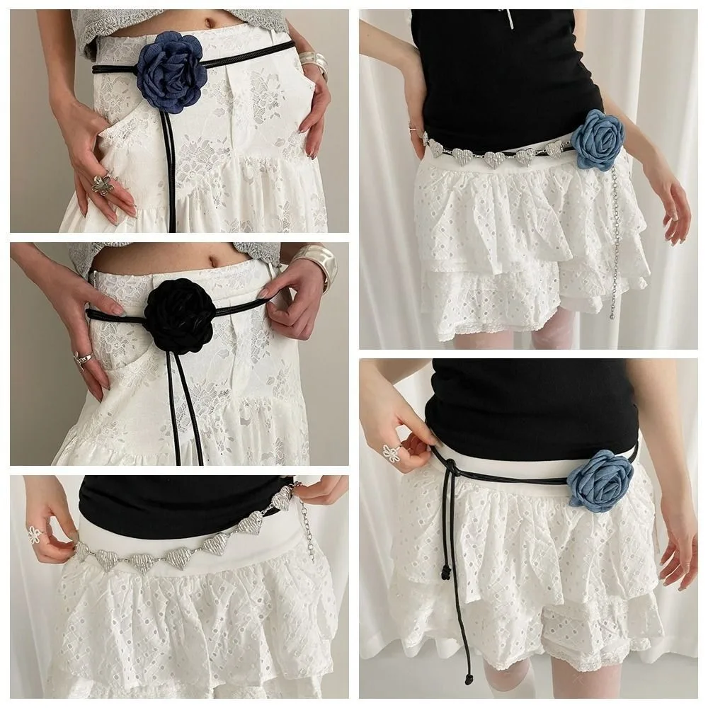 

Fashion French Style Chiffon Floral Waist Belt Retro High-End Heart Waistband Vintage Wax Line Denim Blue Rose Belt For Women