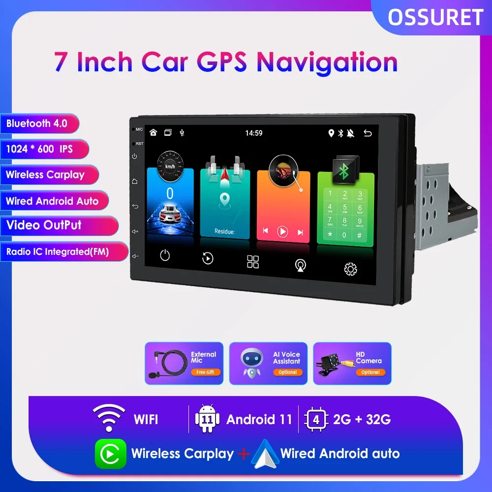 

Quad Core 2G+32G Android 11 1 DIN 7 Inch Auto Car Stereo Radio Multimedia Player WiFi CarPlay GPS Navigation RDS Free Microphone