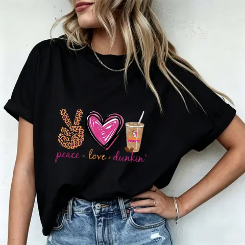 Plus Size Women Peace Love Dunkin Coffee Leopard Peace Sign Heart Graphic 100% Cotton Soft Loose Crew Neck Short Sleeve T-Shirt For Coffee Lovers Daily Casual Shopping Tops