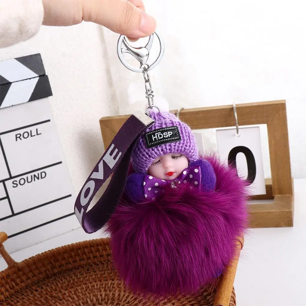 Decoration Cars Key Ring For Girls Ball Pendant Backpack Fluffy   Pompom Keyring  Keychain Sleeping Baby