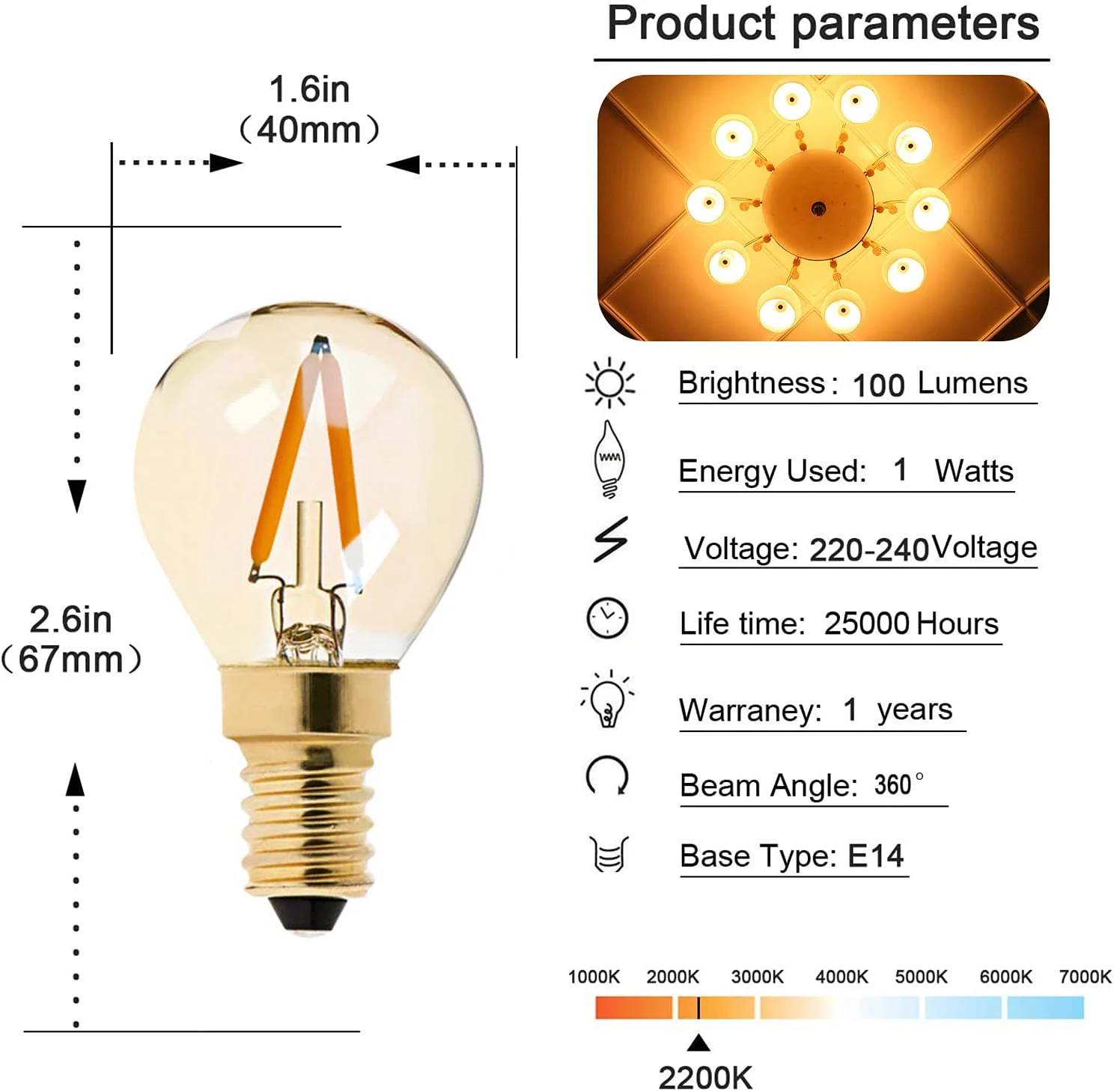 LED Light E14 220V Gold Tint G40 Globe Lamp Edison LED Filament String Light Bulb 1W 2200K E12 Decorative Home Lighting Dimmable